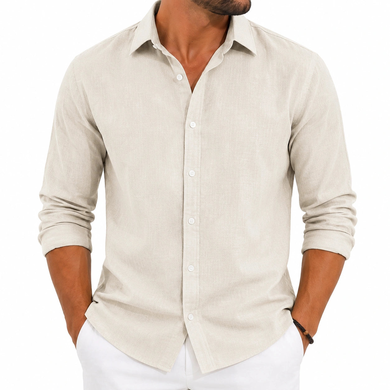 Chemise homme M en lin beige à manches longues style décontracté