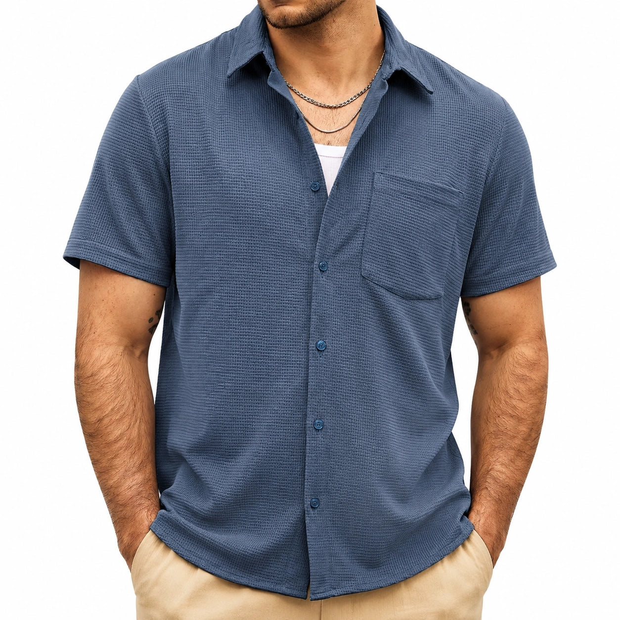 Chemise homme M bleu texturée à manches courtes avec poche poitrine