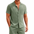 Chemise homme taille L vert sauge en tissu texturé manches courtes col cubain