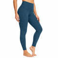 Legging de sport femme taille M en tissu extensible bleu pétrole taille haute avec poche latérale