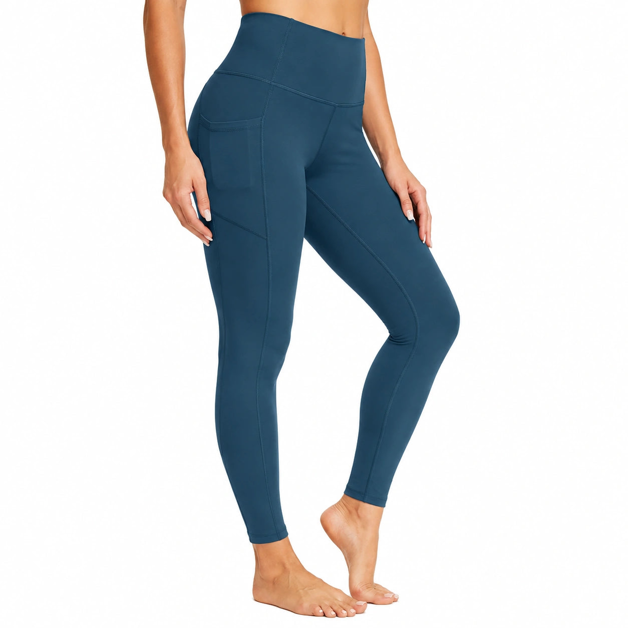 Legging de sport femme taille M en tissu extensible bleu pétrole taille haute avec poche latérale