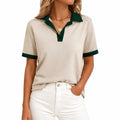 Polo femme taille M en textile beige et vert à col contrasté manches courtes