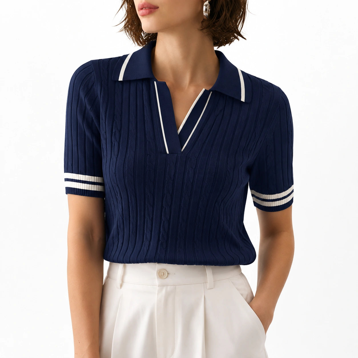 Polo femme M en maille bleu marine et blanc à manches courtes