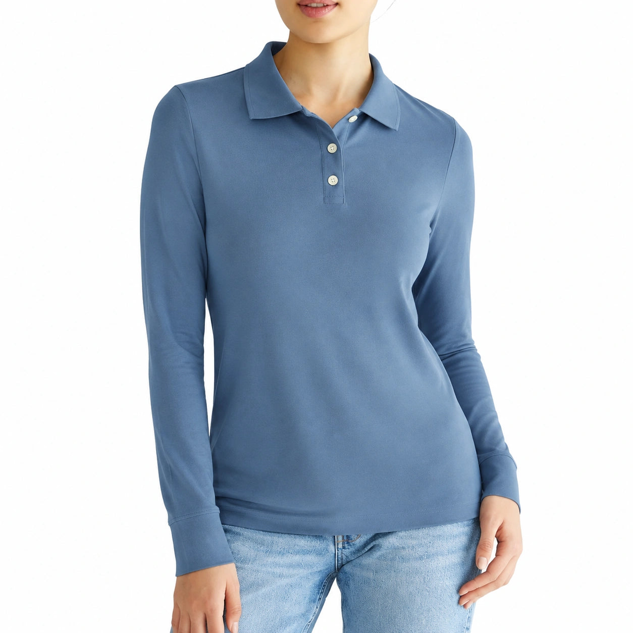 Polo femme taille M bleu à manches longues en maille extensible style décontracté