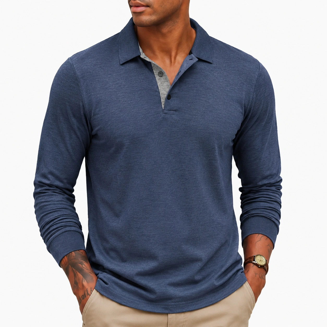 Polo homme taille M bleu marine à manches longues en maille style décontracté