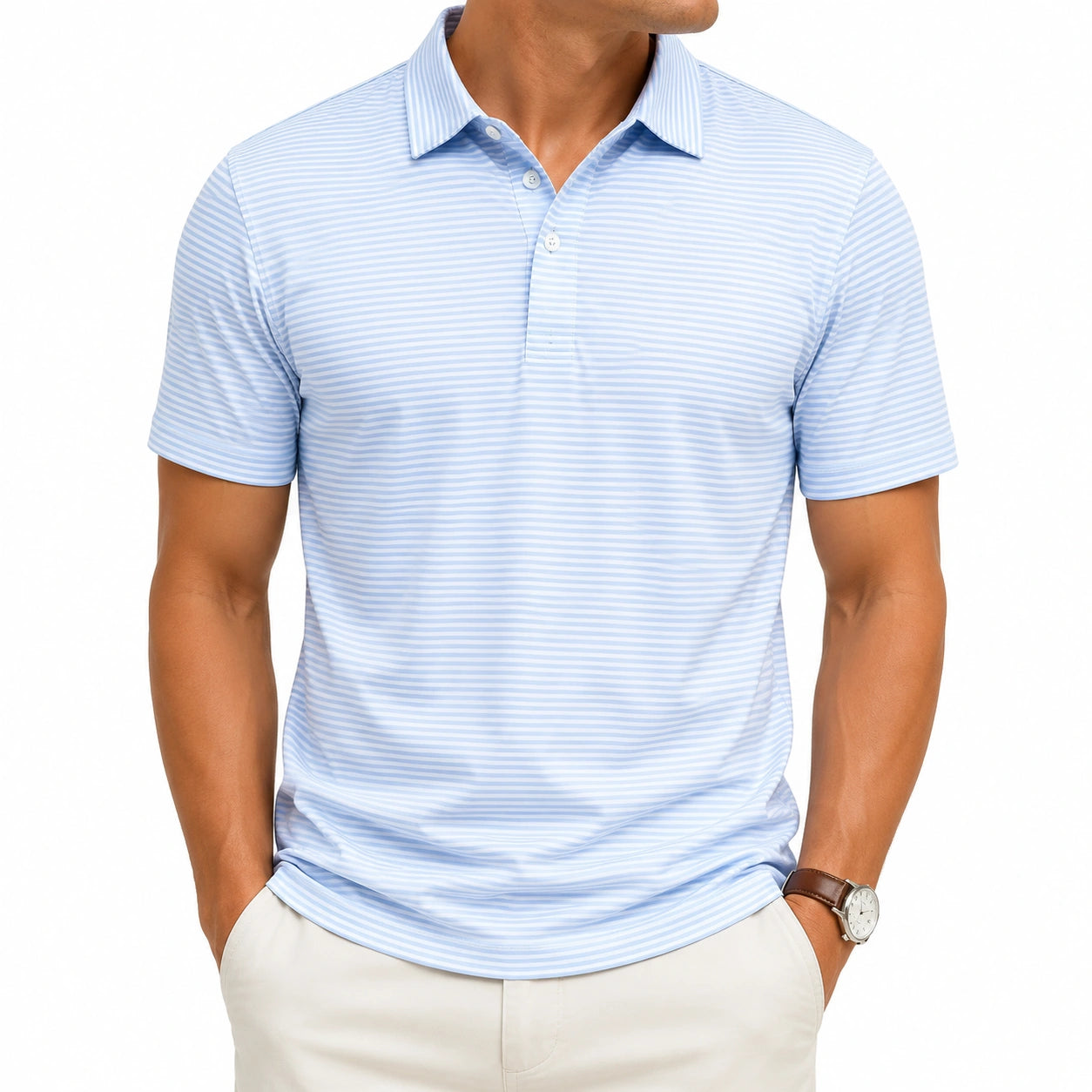Polo homme taille M en tissu bleu clair à rayures manches courtes style décontracté