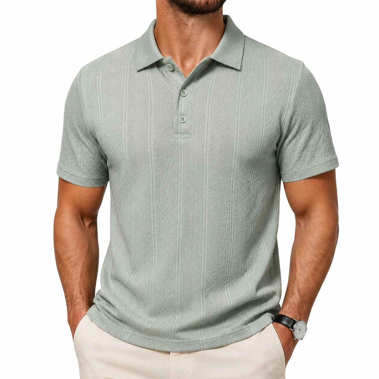 Polo homme taille L en maille vert sauge texturée manches courtes