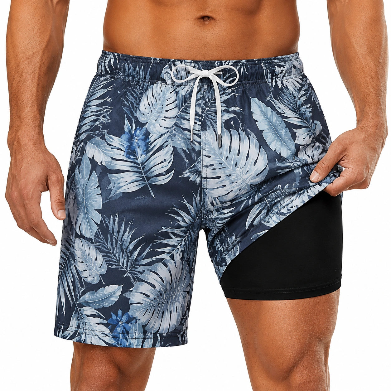 Short de bain homme M en tissu synthétique bleu marine imprimé feuillage avec doublure intégrée
