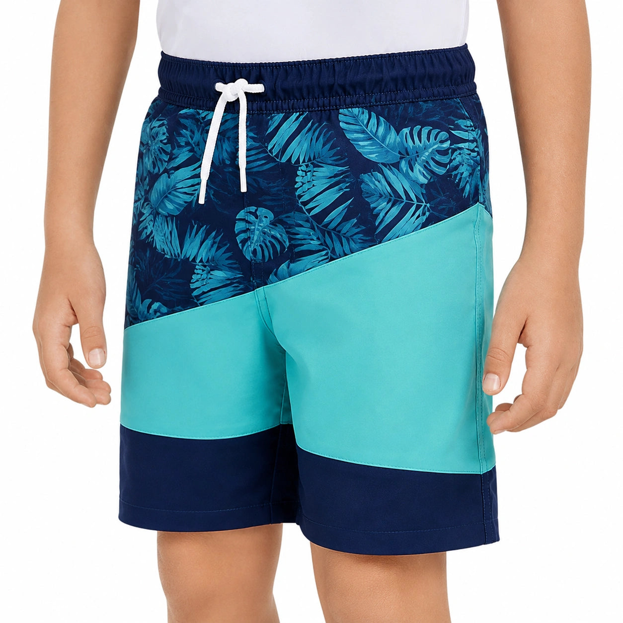 Short de bain enfant taille M textile bleu marine turquoise à motif tropical avec taille élastique