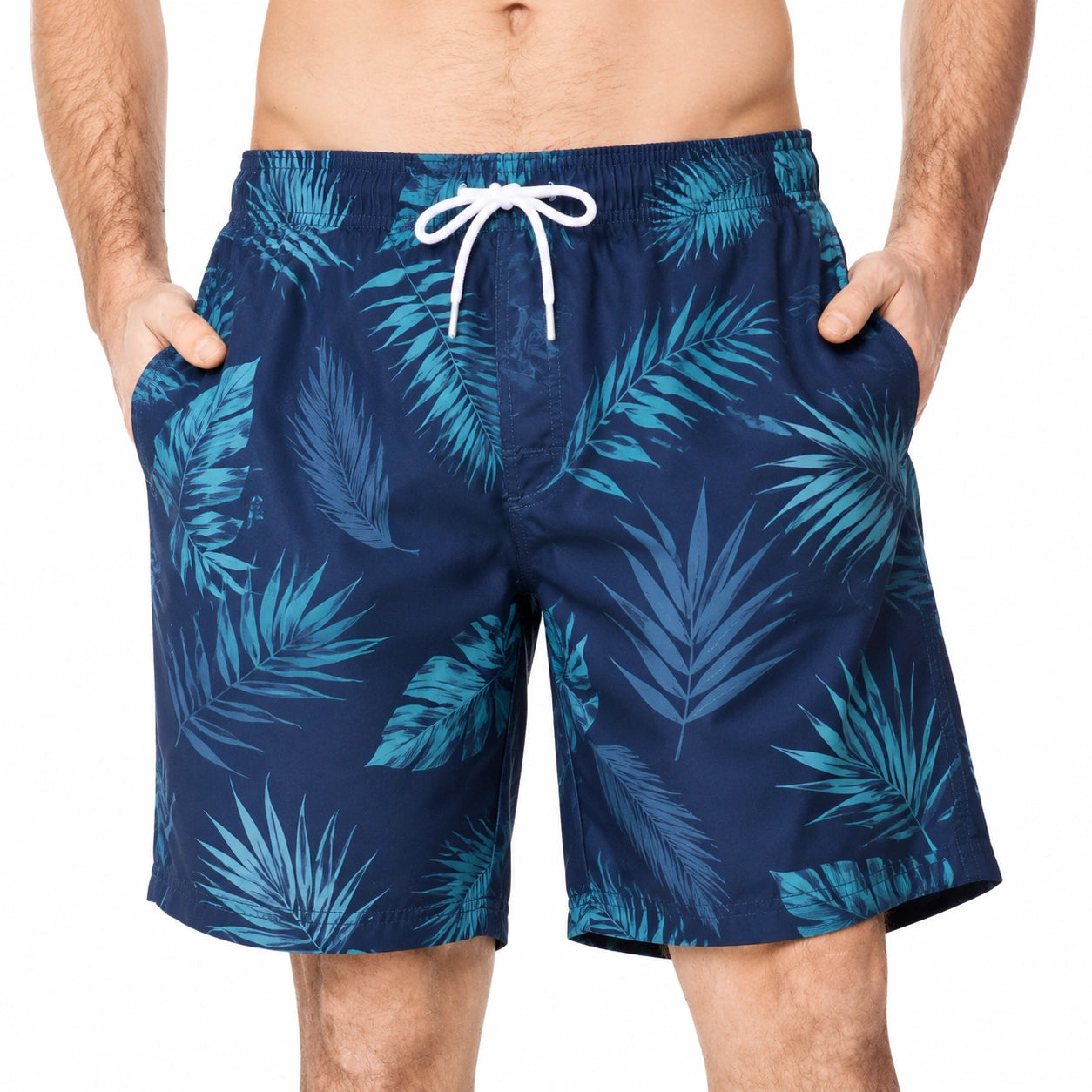 Short de bain homme taille L en tissu synthétique bleu marine à motif tropical avec poches