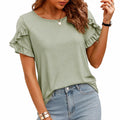 T-shirt femme taille L en tissu vert sauge à manches volantées style décontracté