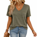 T-shirt femme L vert kaki à col V en jersey avec poche poitrine style décontracté