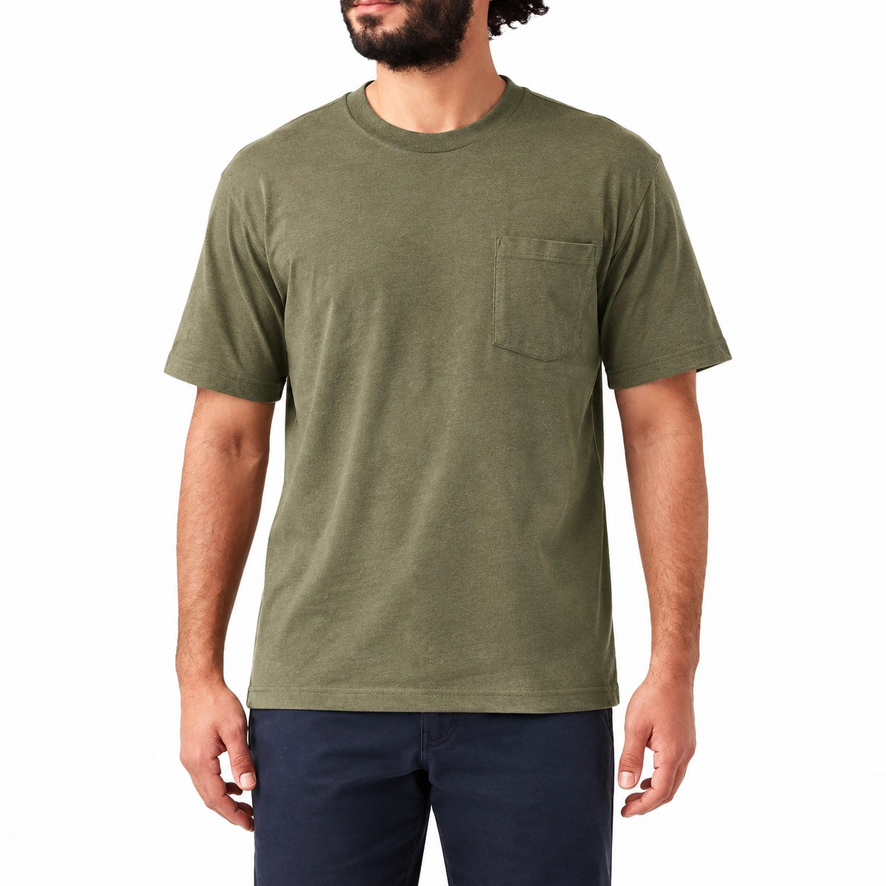 T-shirt homme taille M en maille vert kaki à poche poitrine coupe droite