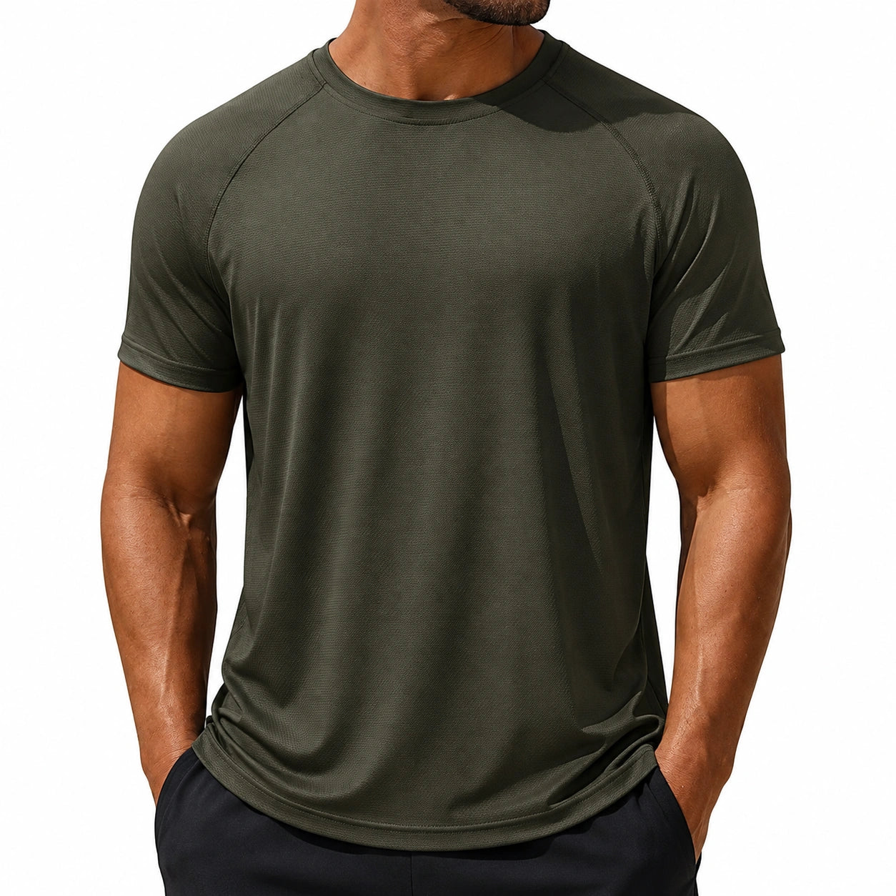 T-shirt homme L en tissu synthétique vert kaki à manches courtes style sport