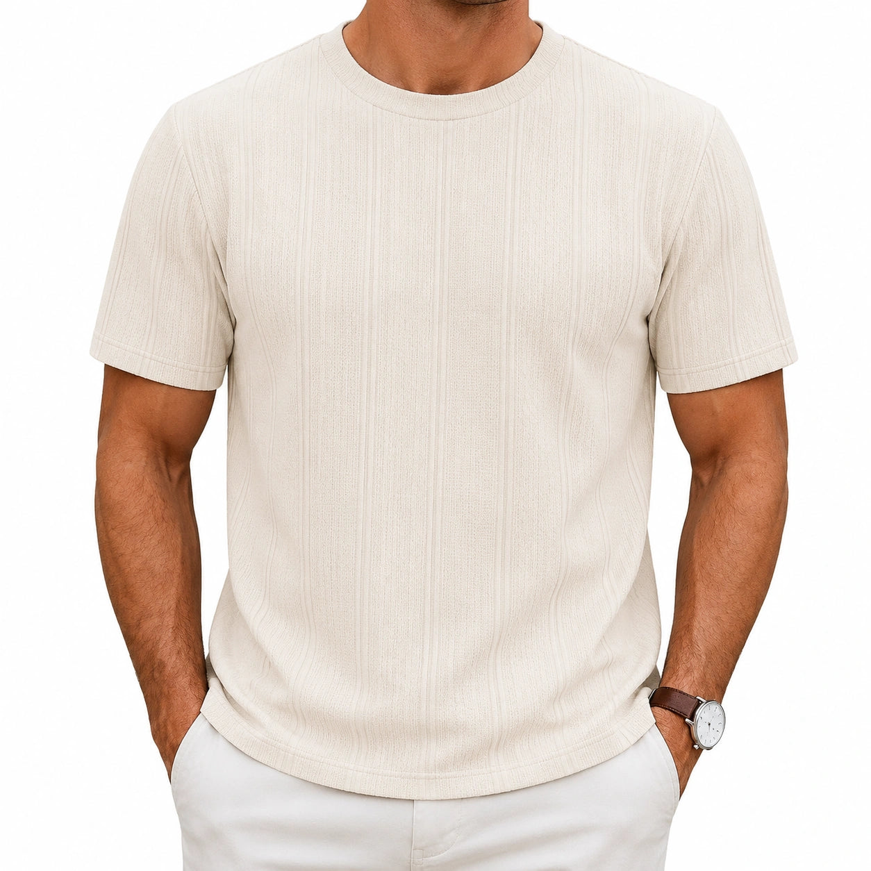 T-shirt homme L écru en maille texturée à manches courtes style décontracté
