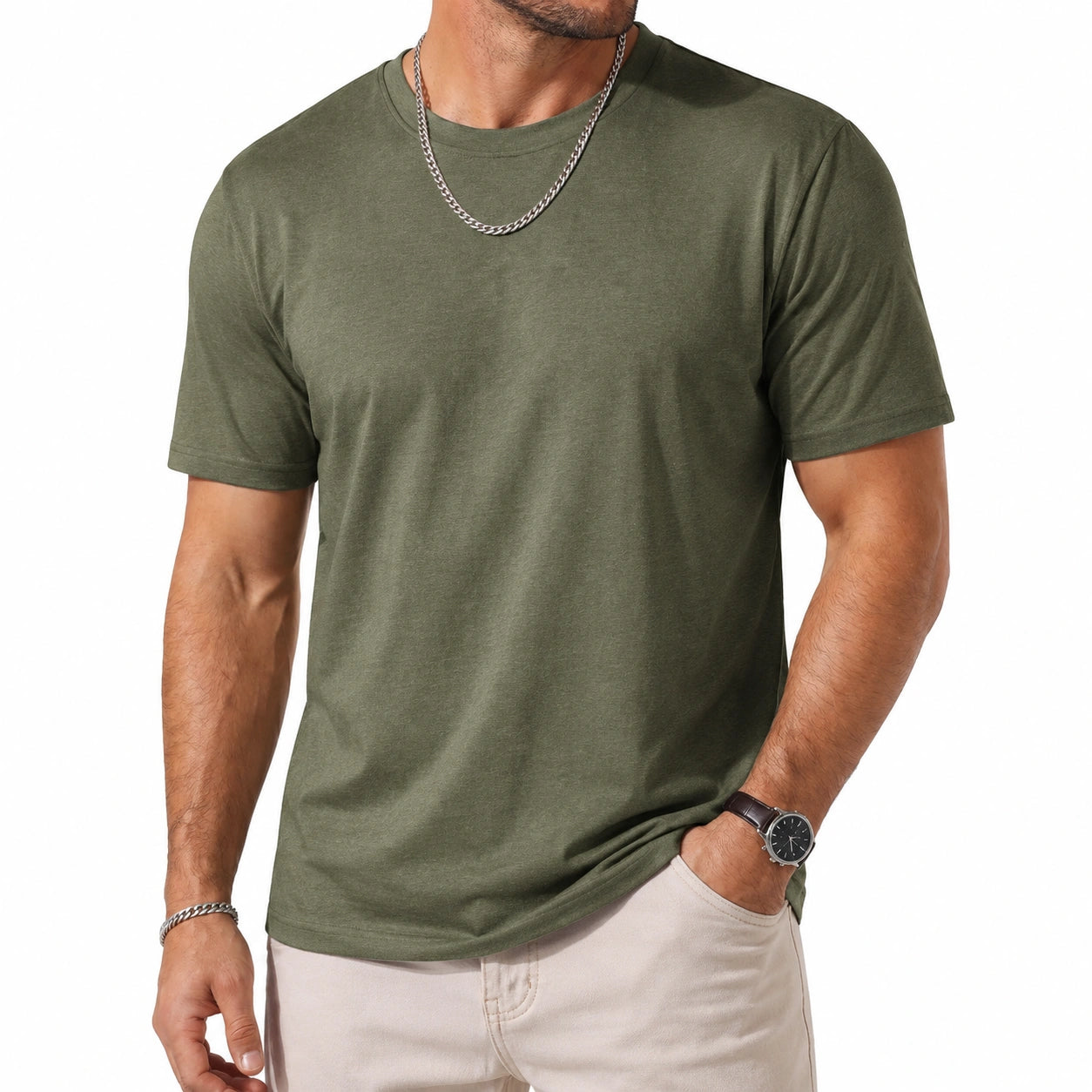 T-shirt homme taille L vert kaki à manches courtes col rond style décontracté